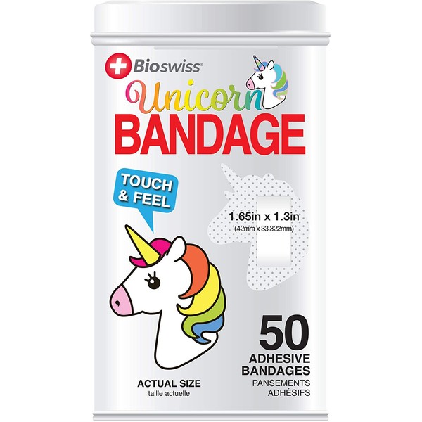 BioSwiss Novelty Bandages Collectable Tin, Self-Adhesive Funny First Aid Bandages, Novelty Gag Gift 50 Pieces (Unicorn)