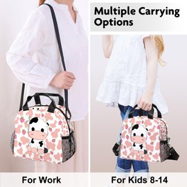 WOBAGMEN Lunch Bag for Kids, Pink Lunch Bags Insulated Cow Lunch Box With Adjustable Shoulder for Girls Women,Small Reusable Lunch Bags for Work School