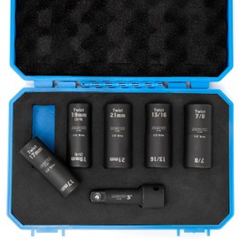 NEIKO 02340A Twist Socket Set, 6 Pc Lug Nut, SAE & Metric, 1/2 Inch Dr. Impact Flip Socket Set, 6 Point & Twist Lug Nut Extractor, CR-Mo Steel Wheel, 3" Impact Extension Bar