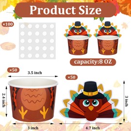 Jingmore 50 Pcs Thanksgiving Treat Snack Cups 8 oz Turkey Paper Cups Autumn Paper Bowls Disposable Fall Bowls for Thanksgiving Party Decorations Ice Cream Dessert Soup Food Supplies