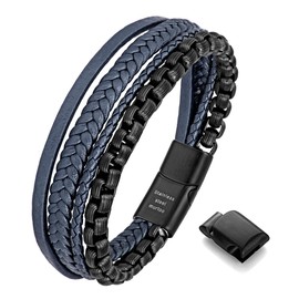 murtoo Mens Bracelet Leather Bracelet for Men Brown Black Leather with Stainless Steel Chain Bracelet Bracelet for Men Gift (Black Blue, 9.2'')