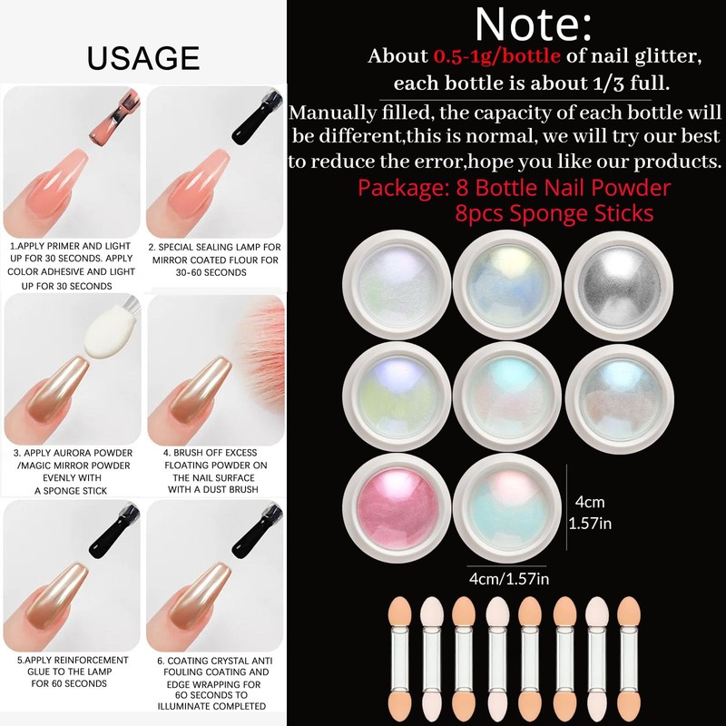 Aurora Chrome Nail Powder, 8pcs Iridescent Mirror Effect with Sponge