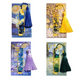BBRONDHH Bookmark, Set of 4, Metal, Cute, Stylish, Bookmark Design: Sunflower, Water Lily, Wild, Starry Night, Gold Lace Decoration, String Included, Glamorous, Elegant, Art Reading, Painting, Page