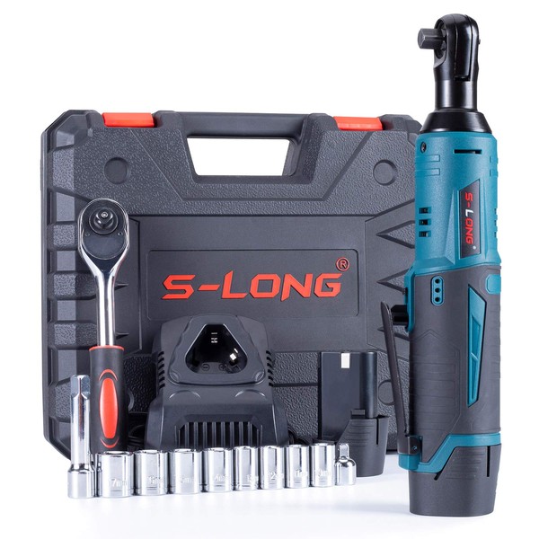 S-LONG Cordless Electric Ratchet Wrench Set, 3/8" 400 RPM 12V Power Ratchet Driver with 10 Sockets, 2000mAh Lithium-Ion Battery and 60-Min Fast Charge