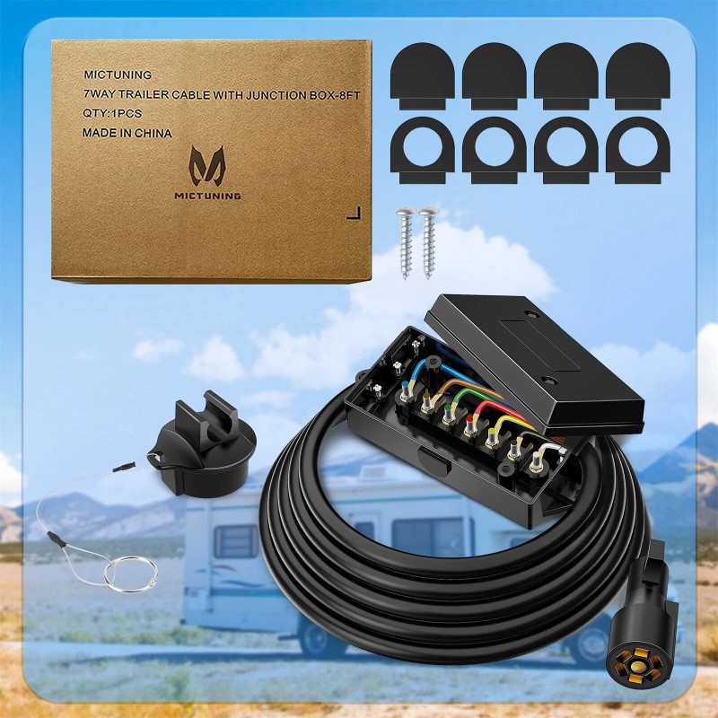MICTUNING 8ft Trailer Cord with 7-Way Plug, Inline Junction Box