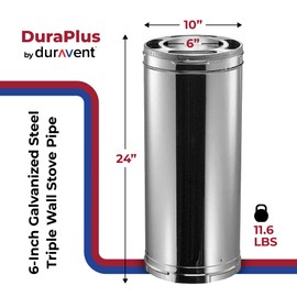 DuraVent 6DP 24 DuraPlus Triple Wall Chimney Pipe for Wood Stoves, Fireplaces, Furnaces, Boilers Stoves, Ranges, Water Heaters, 6 Diameter by 24