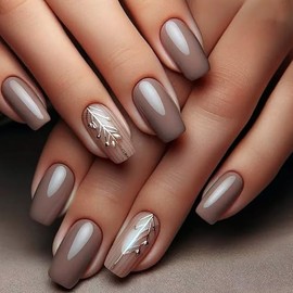 Winter Press on Nails Medium Square Fake Nails Light Brown Fake Nails with Glue Leaves Glue on Nails Maillard Style Stick on Nails Full Cover Glossy False Nails for Women Girls Nail Decor 24 Pcs