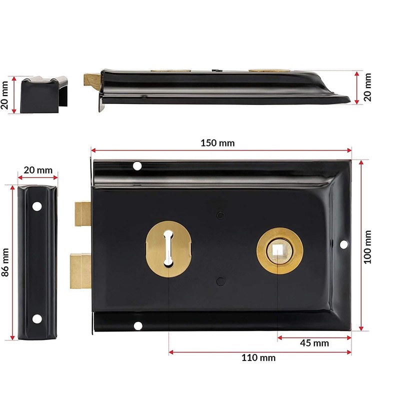 Traditional 6" x 4" Black Rim Sashlock - Surface Mounted