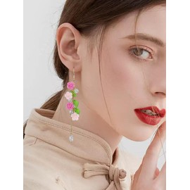 Elegant Flower Dangle Drop Hook Earrings for Women Acrylic Resin Pink Floral Leaf Long Tassel Chain Dangling Hook Earring Statement Fashion Summer Accessories Jewelry for Her Girlfriend (Hot Pink)