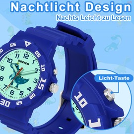 TENOCK Children's Learning Watch Unicorn Dinosaur with Night Light for Boys Girls 30 m Waterproof Wristwatches for Children from 4-12 Years Gift for Birthdays Easter Children's Day Christmas, blue,