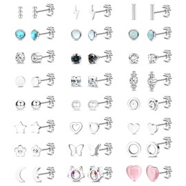 SAILIMUE 24 Pairs Small Stud Earrings for Women men Stainless Steel Multiple Geometric Tiny Ball Opal Star Heart Pearl Flower Cubic Zirconia Earrings Hypoallergenic Silver Stud Earrings Set