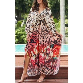 Orshoy Womens Beachwear Coverups Kaftan Dress Loose Bathing Suit Bikini Cover Ups Maxi Caftan Tunic Free Size Leopard Flower