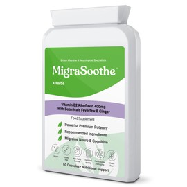 Migraine Relief Feverfew + Ginger + Vitamin B2 Riboflavin 400mg per Capsule - Migrasoothe + Herbs NHS Recommended Ingredients UK Made Stress, Headaches Tremors & Energy Vegan. Vitamin B2 400 [60]