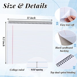 MotiMind 4 Pcs Legal Pads Landscape Notebooks Hole Punched Top Spiral Bound Notebooks 11 x 9.5 Inch College Ruled Drawing Notepad Tear Line for Removal 50 Sheet Office Steno Book(White)