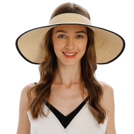 Womens Sun Hat Wide Brim Hats for Women Straw Sun Visors Roll Up Ponytail Beach Hats for Women, Light Beige, One Size