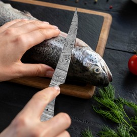 AMJ Crafts Damascus Steel Fillet Knife Kit, 10 Inches Overall, Fixed Blade, DIY Knifemaking Supplies. Kitchen knife, Fish Fillet Blank Blade, large, AMJ-Fillet-01