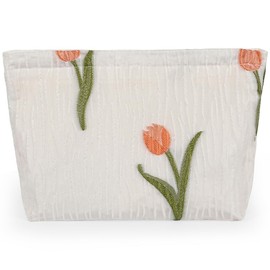 Makeup Bag for Women Girls, Large Pink Tulip Floral Cosmetic Bag for Purse, Cute Flower Canvas Travel Toiletry Bag Organizer, Aesthetic Makeup Pouch Cosmetic Pouch with Zipper