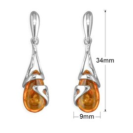 Fancy Cradled Teardrop Baltic Honey Amber Sterling Silver Dangly/Drop Earrings for Women/Girls - Unusual Art Deco Stud Earrings - Amber Jewellery. 080415