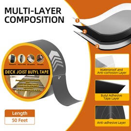 Butyl Deck Tape 2" x 50' with 2 Rolls, Joist Tape 2 inch for Decking, Waterproof and Anti-Corrosion Flashing Tape for Deck, Joist, Roofs, Beams, RV, Doors, and Fences