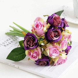 Jasion Artificial Roses Flowers 12 Heads Arrangement Silk Bouquet for Home Office Parties Bridal and Wedding Decoration Without Vase (Purple)