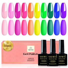 YSUVIN Semi-Permanent Nail Polish 10 Colors Neon Set Pink Orange Yellow Green Blue Purple Semi-Permanent Nail Polish Colors, UV/LED Semi-Permanent Nail Polish for Spring Summer, 8ml
