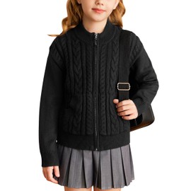 GRACE KARIN Girls Casual Knitted Cardigan Long Sleeve Round Neck Cardigan with Zipper Winter Knit Sweater Black 14 Years