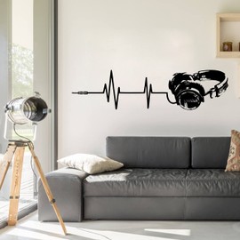 Headphone Music Wall Decals Art Bedroom Video Earphone Wall Decor Music Electrocardiogram Vinyl Wall Stickers for Music Room Y63 (Black)