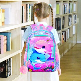 UFNDC 3PCS Dolphin Bookbag for Girls, 16" Kids Backpack with Lunch Box, Water Resistant School Bag for Elementary Preschool Toddler