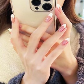 Press On Nails -Handmade White French Manicure | Semi-Transparent,Short Coffin Nails, Reusable with Glue