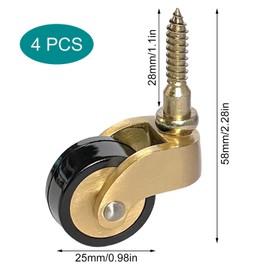 Pack of 4 Antique Solid Brass Castors with 25 mm Wheel, 360° Swivel Castor, Movable Castors, Universal Castors Set, for Retro Furniture Piano Feet (Screw Tip) (Yellow)