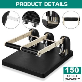Harloon 3 Hole Puncher for Binder Metal 150 Sheet Capacity 13 x 12.2 x 6.2 Inch Black Silver Paper Punch Large Heavy Duty Puncher Lever Handle for Office Essentials Accessories Print Shops Home