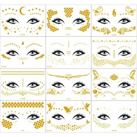 12 Sheets Gold Face Temporary Tattoo Sticker, Glitter Metallic Face Tattoo Stickers, Face Gold Temporary Transfer Tattoo Party Decor Freckle Sticker for Women Girls（Gold Face Stickers）650