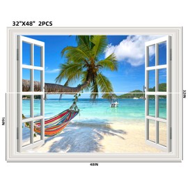 THNWSY 3D Self-Adhesive Painting Fake Window Wall Stickers Tropical Island with Palm Trees Wall Mural Window View Wall Decor for Home (Palm Beach 2, 32"×48")