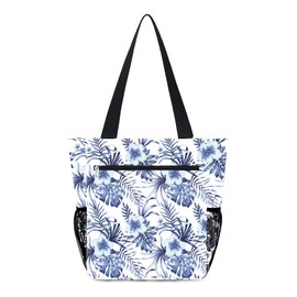 MULTIONS Large Beach Tote Bag with Zip Waterproof Shoulder Bag Beach Bag for Women with 7 Pockets for Beach Work School Trip (Blue leaf,XL)