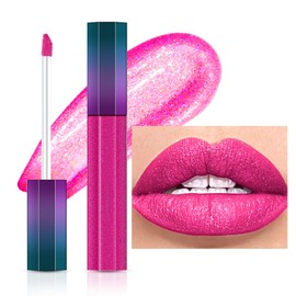 LYNTYAOU Hot Pink Glitter Lip Gloss Shimmering Liquid Lipsticks, Red Shimmer Sparkle Non-Stick Cup Bright Pink Metallic Lipstick, Long Lasting Highly Pigmented Lipstick, Silky Not Fade Non-sticky Lip Stain