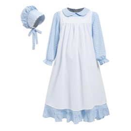 Pioneer Dresses for Girls Prairie Colonial Costume Long Sleeves Laura Ingalls Pilgrim Costume Blue 7-8Y