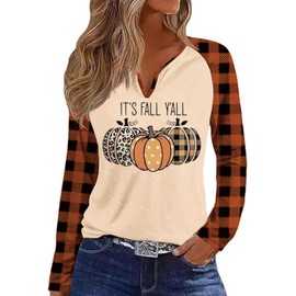 Women's It's Fall Y'all V Neck Shirts Funny Plaid Polka Dot Pumpkin Long Sleeve Graphic Tee Holiday Family Party Gift Raglan Tops（M,A-Apricot-2）