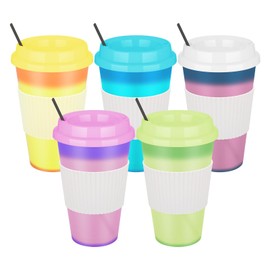 16oz Thermochromic Color Changing Cups with Lids & Straws (5-Pack) - BPA-Free Reusable Plastic Tumblers for Hot & Cold Drinks, Dishwasher Safe, Leakproof Travel Cups for Adults, Kids, Parties, Camping