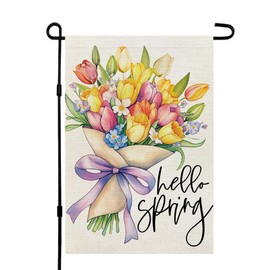 CROWNED BEAUTY Hello Spring Garden Flag Floral Tulips Bouquet Double Sided 12x18 Inches Small Burlap Welcome Holiday Seasonal Yard Decoration for Outside Porch CF1752-12