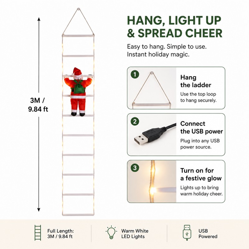 Climbing Santa Claus Christmas Decoration with Warm LED Lights &