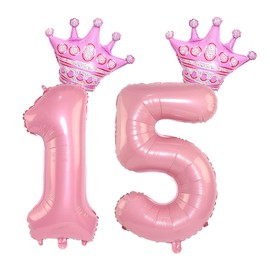 40 Inch Pink Crown Number 15 Balloons, 15th Birthday Balloons for Men Women, Pink 15th Celebration Decor Happy 15th Birthday Party,15th Birthday Party Decoration Wedding Anniversary Events Supplies