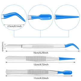 Honoson 3 Pieces Tweezers with Rubber Tips PVC Coated Set Rubber Straight Flat Tip Long Bent Tweezers for Crafts Stamps Beads Jewelry Tools(Blue)