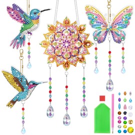 Hejo 4PCS DIY Diamond Art Wind Chime Craft Kit for Girls & Boys 5-12 Years - 5D Double-Sided Painting Suncatchers with Crystal Pendants, Kids Birthday Gift Home Garden Decor