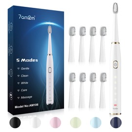7AM2M Sonic Electric Toothbrush for Adults and Kids- High Power Rechargeable Toothbrushes with 8 Brush Heads,5 Adjustable Modes, Built-in 2-Minute Smart Timer,4 Hours Fast Charge for 30 Days(White)