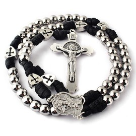 HanlinCC Very LARGE and Heavy Stainless Steel Beads Rugged Durable Paracord Rosary Necklace for Men with St.Michael Center Piece and St.Benedict Crucifix (Black Paracord Rosary)