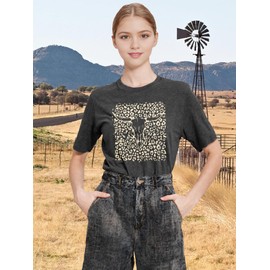 Savarana Western Shirts for Women Leopard Print Boho Cow Skull T-Shirt Country Cowgirls Rodeo Graphic Tee Top