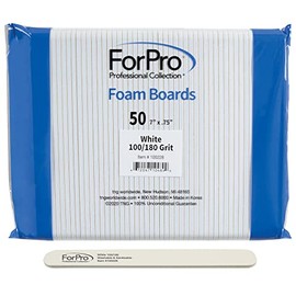ForPro Nail Foam Boards, White, 100/180 Grit, Double-Sided Manicure and Pedicure Nail Files, 7” L x .75” W, 50-Count