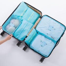Fxkoolr 7 Set Packing Cubes, Travel Foldable Luggage Organizers Storage Bag Accessories Suitcase with Laundry Bag & Shoe Bag, Blue