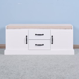 P PURLOVE Storage Bench Entyrway Bench Shoe Bench with Cushion and 2 Drawers and 2 Cabinets for Entryway Living Room (White)