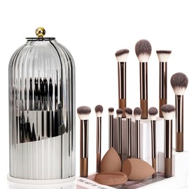 Juego de 16 brochas de maquillaje profesionales, que incluye 12 brochas de maquillaje, 3 borlas para polvos y 1 porta brochas de maquillaje (marrón)